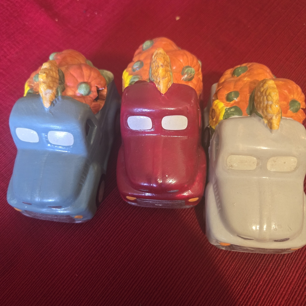 Set of Three Ceramic Truck Figurines with Pumpkins